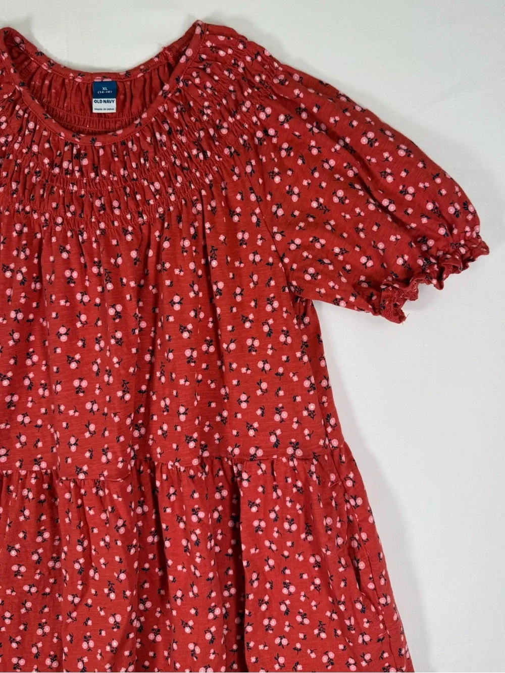 OLD NAVY Girls Smocked Tiered Dress Floral Puff Sleeve Coral Pink XL 14-16